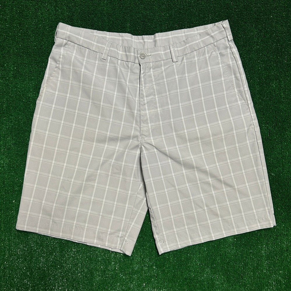 PGA Tour Golf Shorts Mens 36 Grey Plaid Windowpane Performance Flat Front